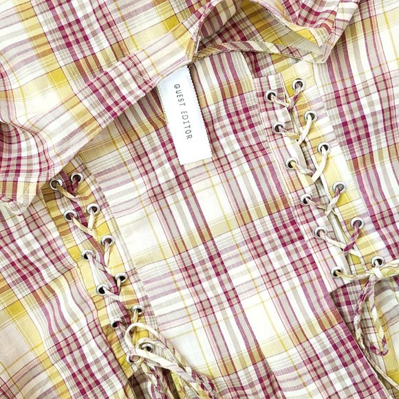 Anthropologie Guest Editor tan gingham blouse w/ corset detail - Picture 4 of 4